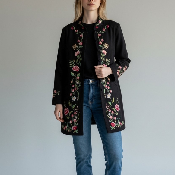 Victor Costa Jackets & Blazers - VTG 90s Victor Costa Occasion Black Floral Embroidery Duster Jacket Boho Cottage